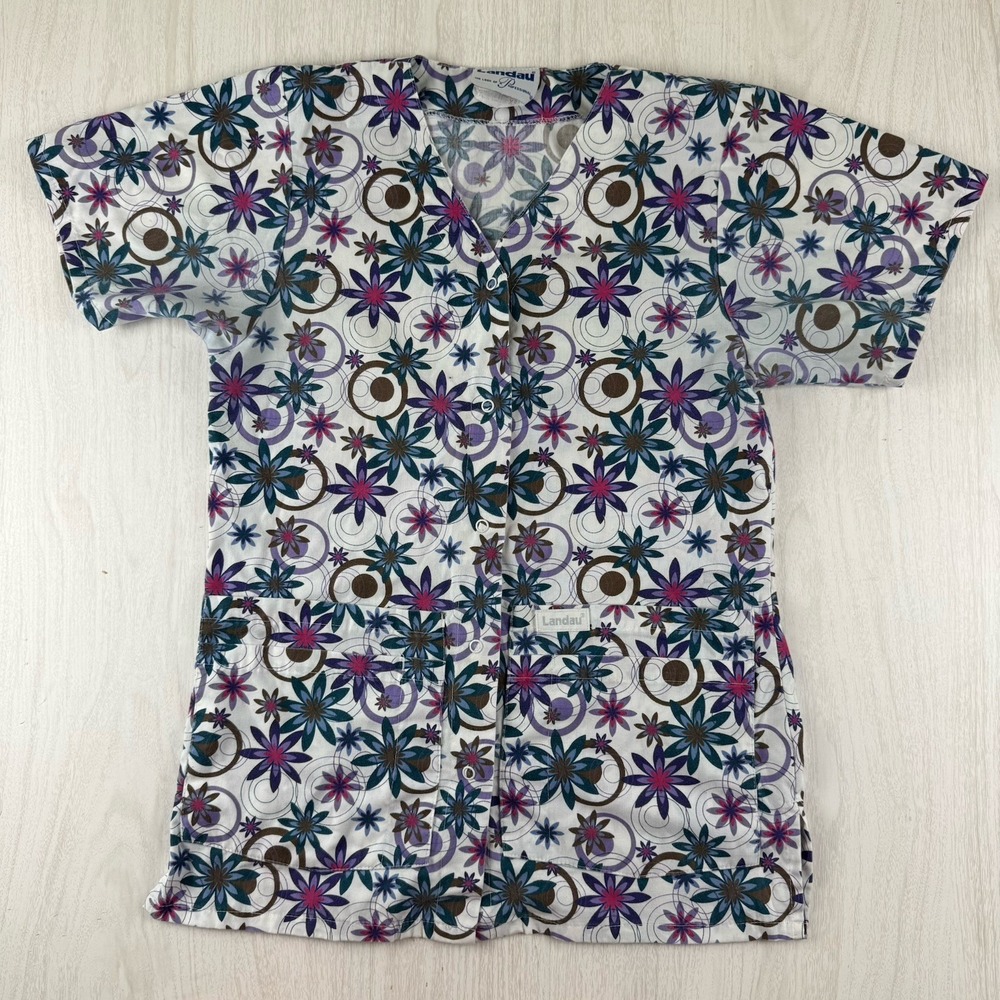 Vtg Landau Scrub Top Women XS Blue Purple Snap Button Up Classic Fit Uniform